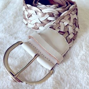 Express Woven Leather Belt (L) White & Rose Gold EUC
